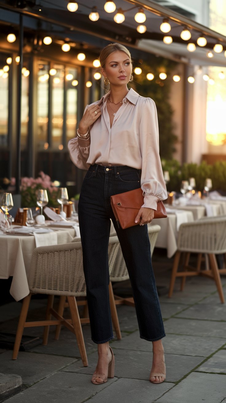A chic woman standing by a cozy outdoor restaurant at sunset, wearing high-waisted dark wash jeans paired with a luxurious silky blouse in a soft pastel shade
