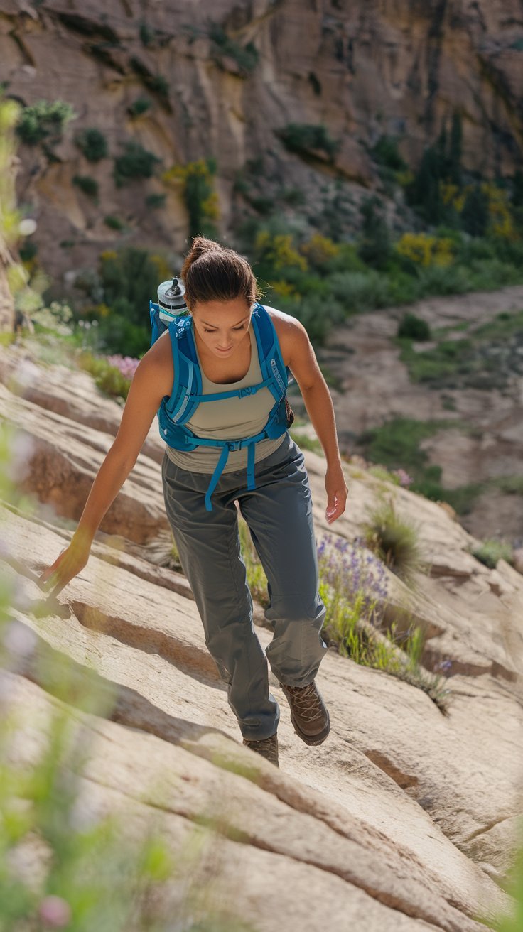 A sporty, adventurous woman climbing a gentle rock trail in spring, wearing Patagonia Women’s Chambeau Rock Pants paired with a lightweight performance tank top and hiking boots.