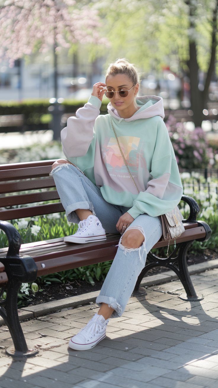 A trendy woman sitting casually on a park bench during spring, wearing an oversized pastel graphic hoodie paired with classic white Converse sneakers