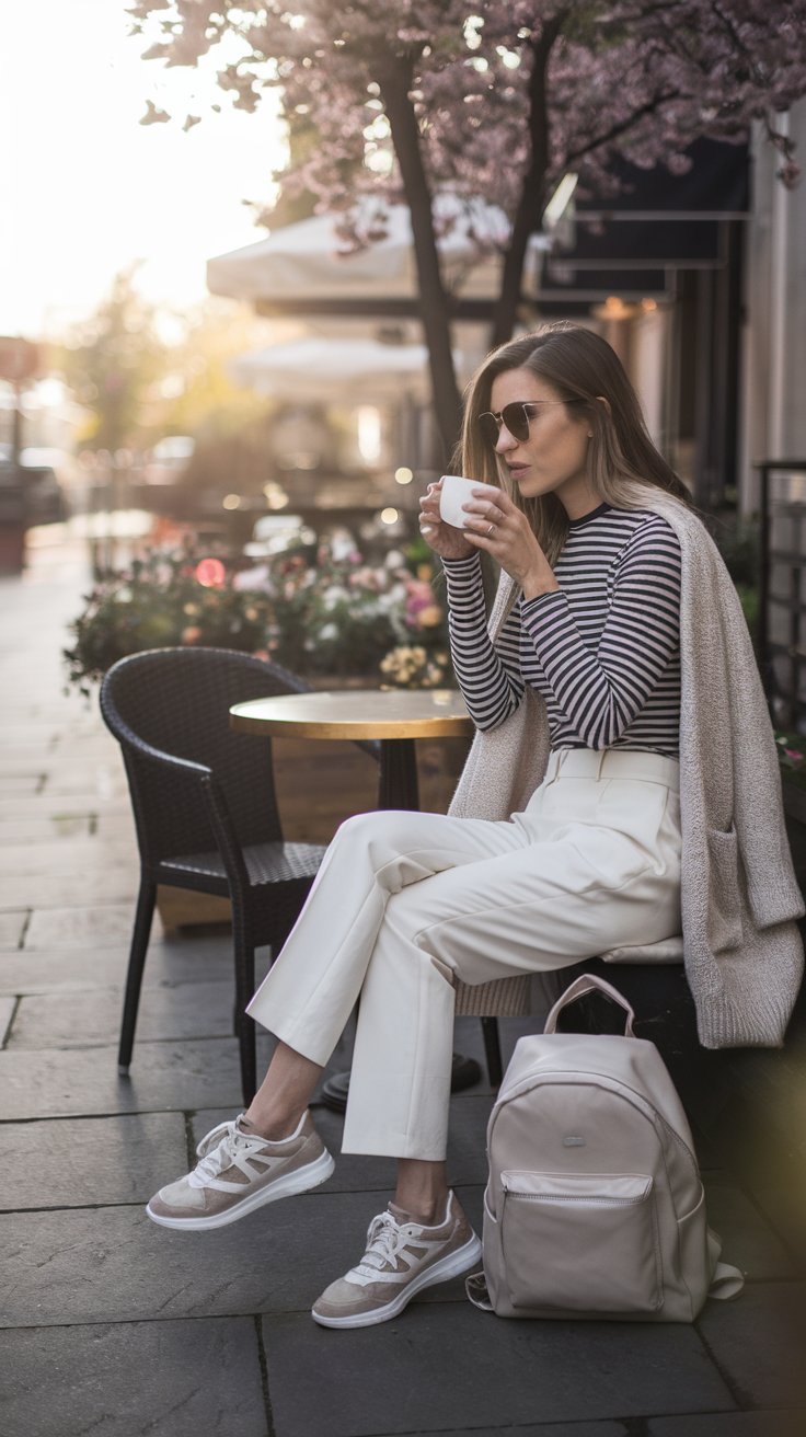 A woman sitting on a bench at a scenic outdoor café, sipping coffee, dressed in a chic spring travel outfit.