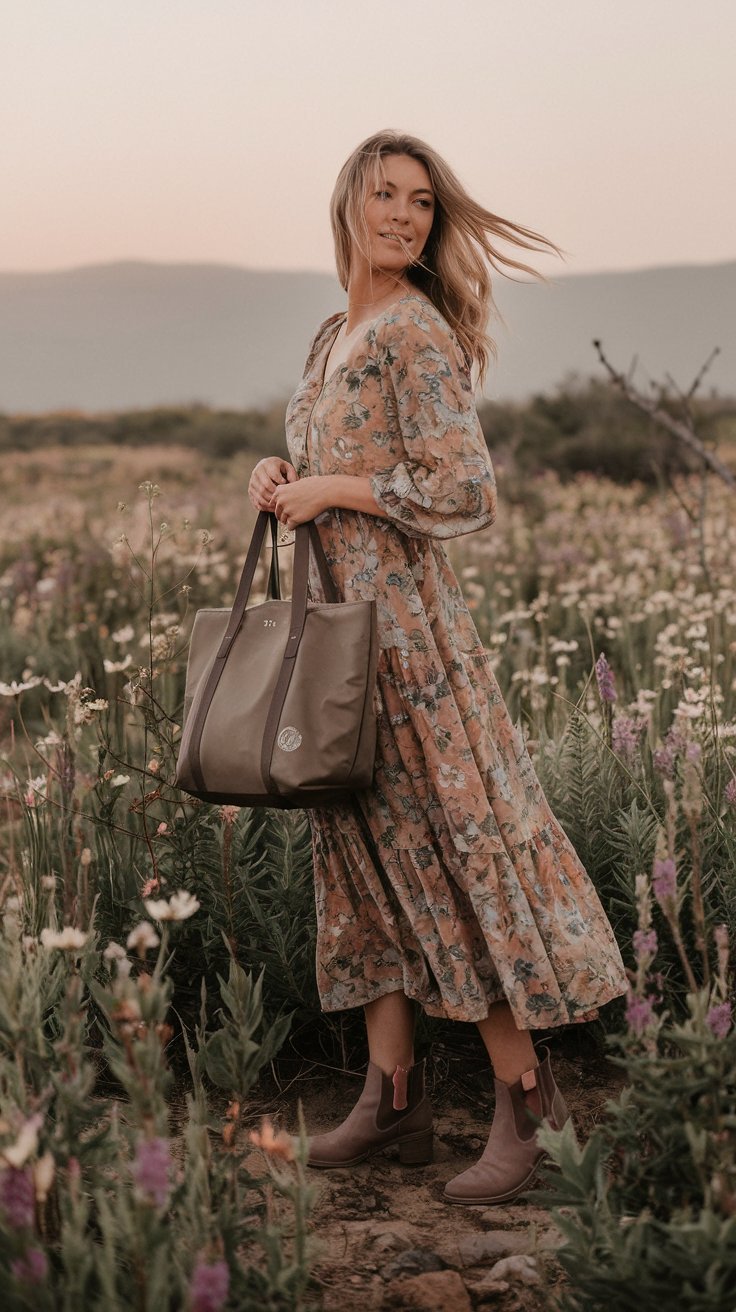 A woman standing in a field of wildflowers, wearing a flowy floral dress and ankle boots.