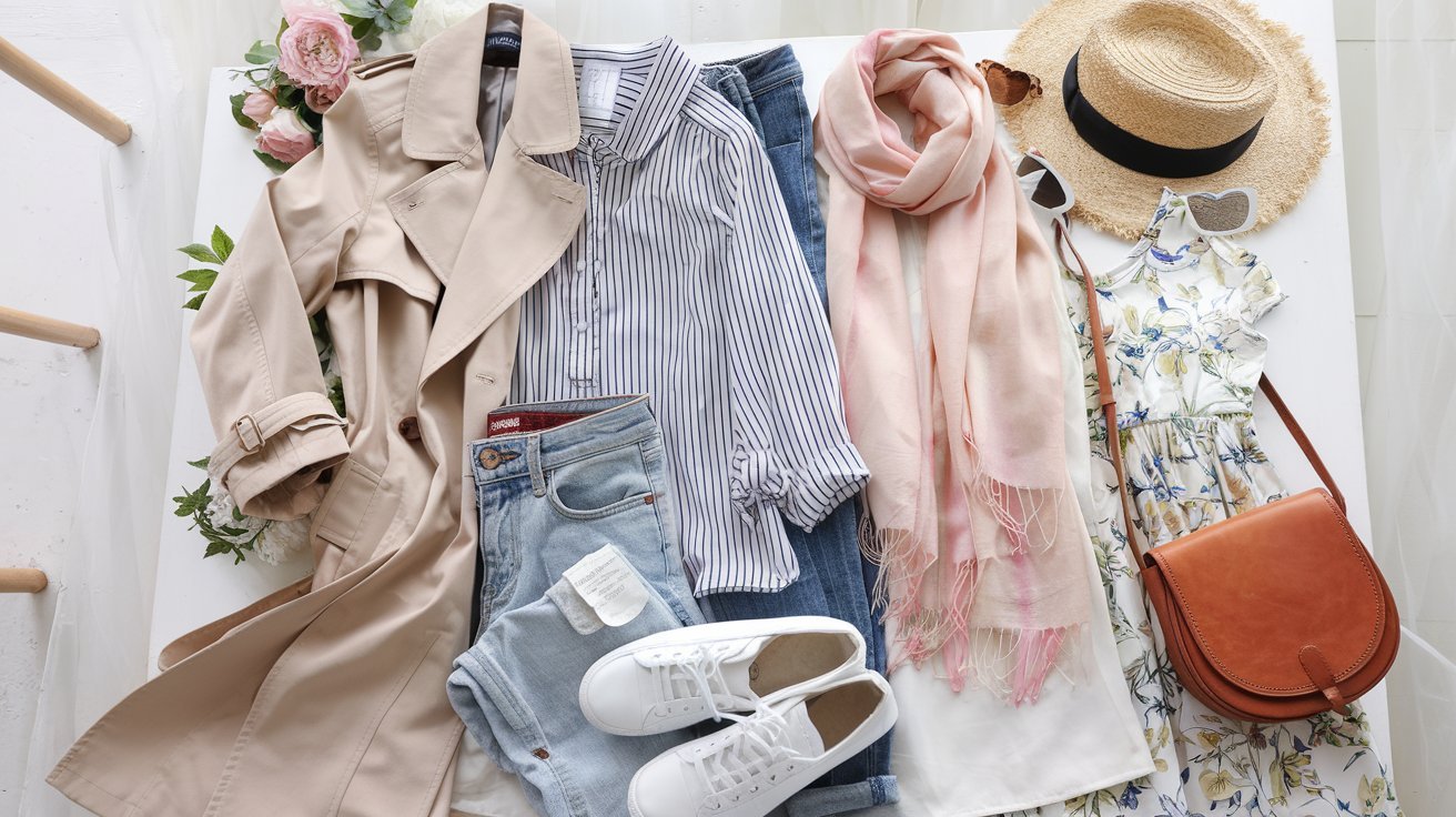spring capsule wardrobe displayed on a bright and airy surface. Include versatile pieces such as a beige trench coat, striped blouse, white sneakers, denim jeans, a floral dress, and a lightweight scarf