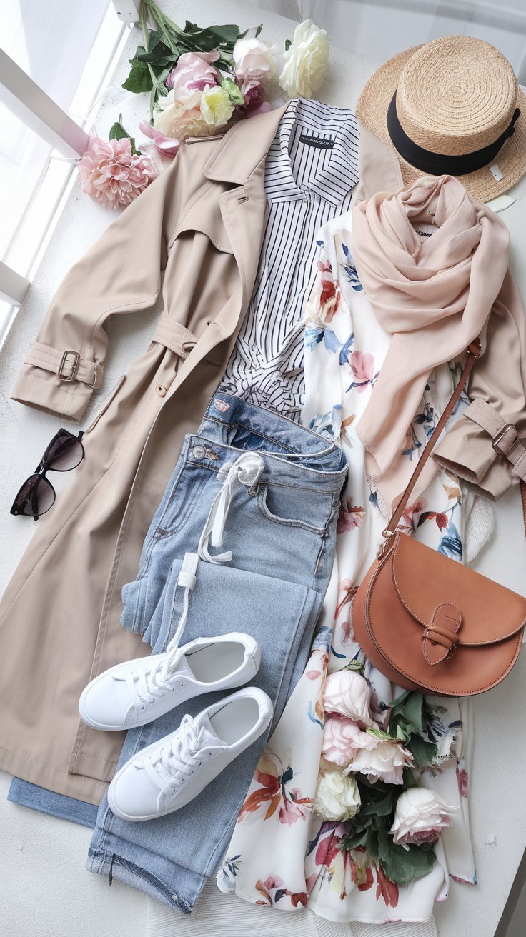 spring capsule wardrobe displayed on a bright and airy surface.