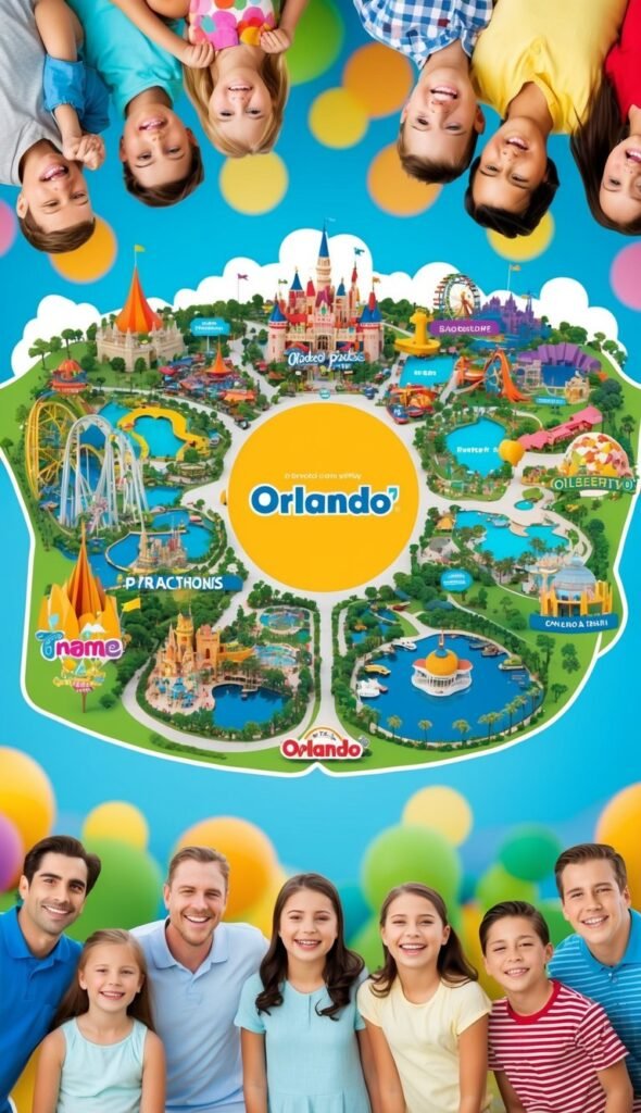 A colorful map of Orlando's theme parks surrounded by excited families and iconic attractions