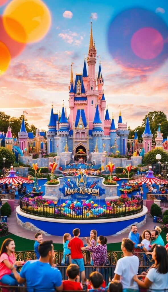 A colorful and bustling Magic Kingdom with iconic castle, thrilling rides, and families enjoying the excitement of the theme park