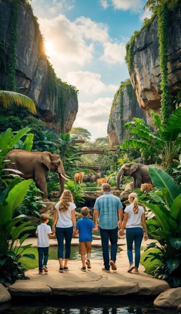 A family of four explores a lush, jungle-themed area with exotic animals and vibrant foliage, surrounded by towering rock formations and water features