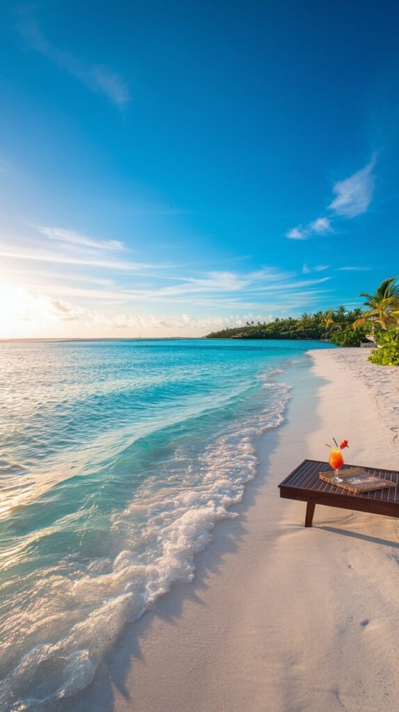 A picturesque view of Grace Bay with white sand, palm trees, and clear blue waters